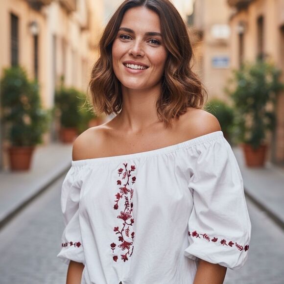 Zara Women's M White Floral Embroidered Off Shoulder Boho Blouse - Picture 1 of 6